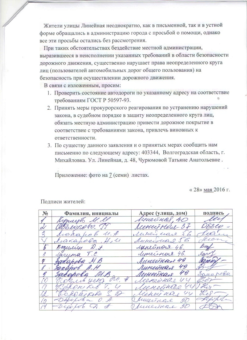 Письмо губернатору о ремонте дороги образец